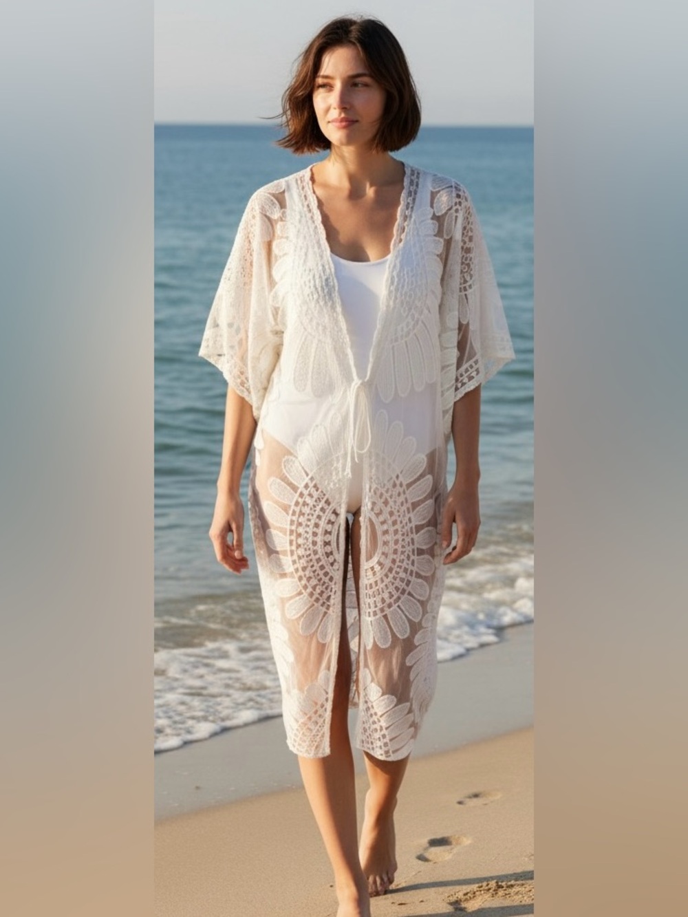 Dasayo Lace‎ Kimono Cardigan Duster OS One Size Ivory Embroidered Boho Excellent